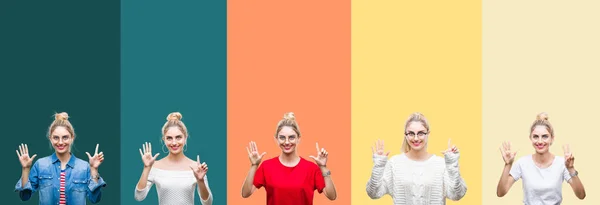 Collage Van Jonge Mooie Blonde Vrouw Levendige Kleurrijke Vintage Strepen — Stockfoto