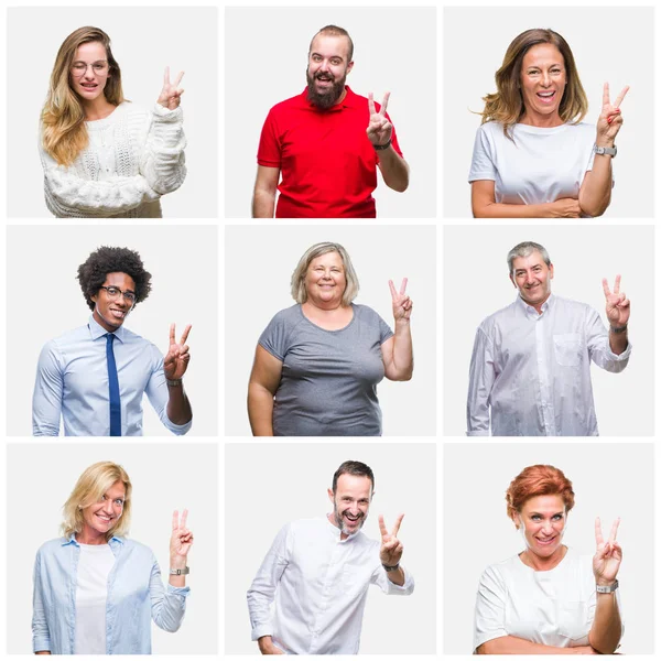 Collage Gruppo Giovani Mezza Età Anziani Sfondo Isolato Sorridente Con — Foto Stock