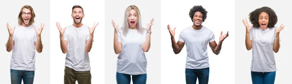 Collage Group Young People Wearing White Shirt Isolated Background Celebrating — Stockfoto