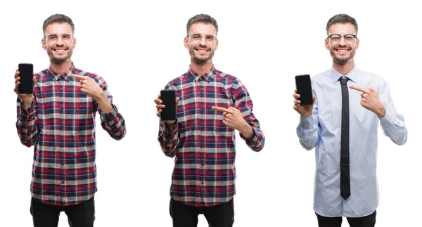 Collage Hombre Negocios Joven Que Trabaja Con Teléfono Inteligente Sobre — Foto de Stock