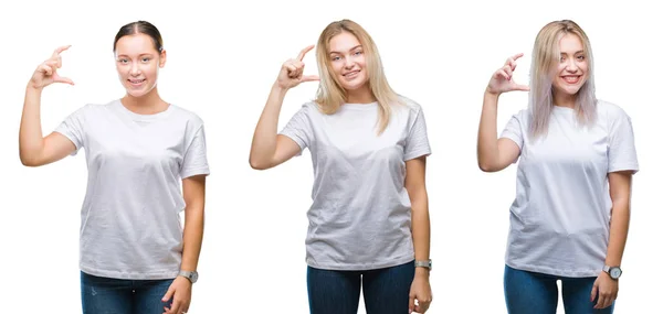 Collage Group Young Women Wearing White Shirt Isolated Background Smiling — Stockfoto