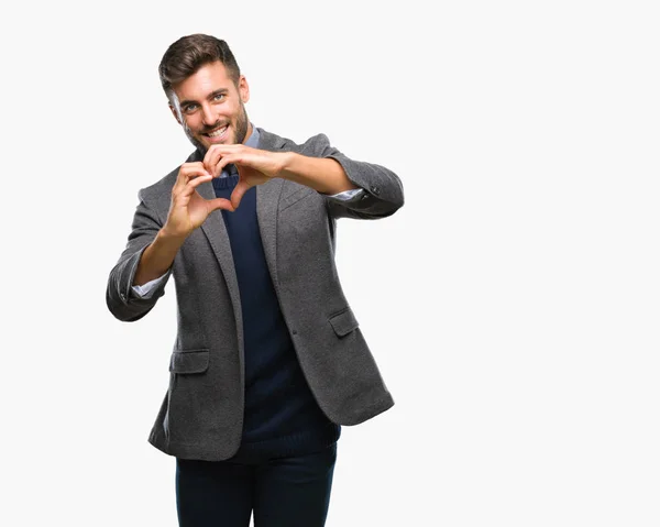 Joven Hombre Negocios Guapo Sobre Fondo Aislado Sonriendo Amor Mostrando — Foto de Stock