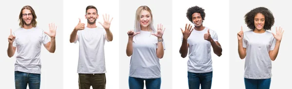 Kolaż Grupy Młodych Ludzi Noszenie Shirt Biały Białym Tle Wyświetlono — Zdjęcie stockowe