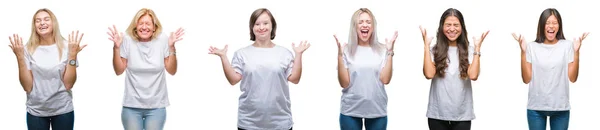 Kolaż Grupy Kobiet Noszenie Shirt Biały Białym Tle Obchodzi Szalony — Zdjęcie stockowe