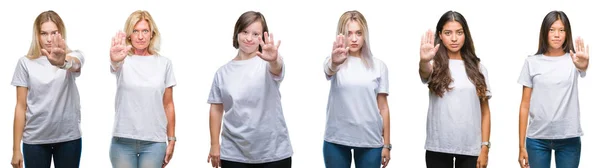 在孤立的背景下 一群穿着白色 T恤的女性的拼贴并没有停止用手掌唱歌 脸上带有负面和严肃手势的警告表情 — 图库照片