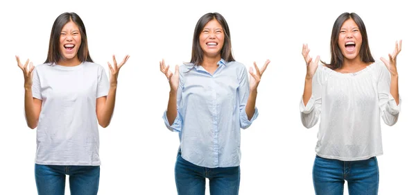 Collage Mujer Joven Asiática Pie Sobre Fondo Blanco Aislado Loco —  Fotos de Stock