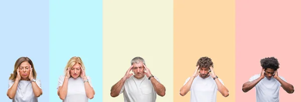由于压力 年轻和中年人群在颜色上穿白色 T恤的拼贴与手在头上疼痛隔离的背景 患有偏头痛 — 图库照片