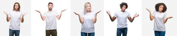 Colagem Grupo Jovens Vestindo Camiseta Branca Sobre Fundo Isolado Expressão — Fotografia de Stock