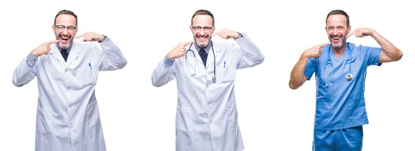 Colagem Homem Médico Hoary Sênior Bonito Vestindo Uniforme Cirurgião Sobre — Fotografia de Stock