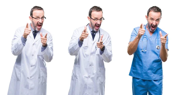 Collage Guapo Médico Edad Avanzada Con Uniforme Cirujano Sobre Fondo — Foto de Stock