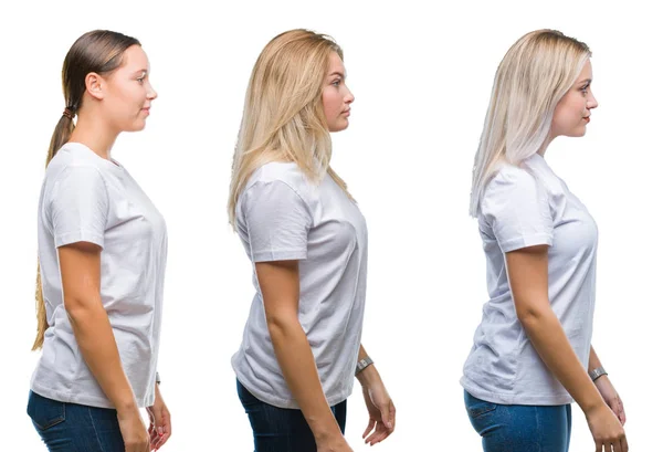 Collage Grupo Mujeres Jóvenes Con Camiseta Blanca Sobre Fondo Aislado —  Fotos de Stock