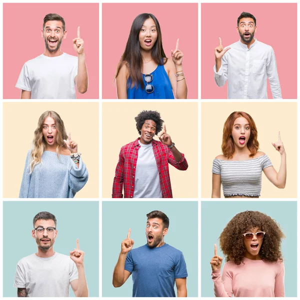 Collage Group Young People Woman Men Colorful Isolated Background Pointing — Stock Photo, Image