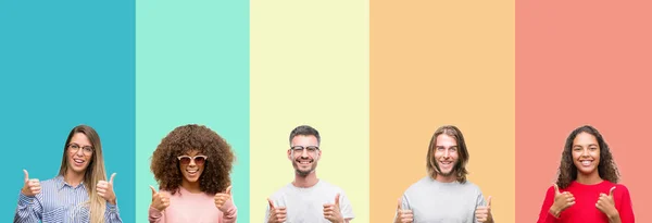 Collage Grupp Ungdomar Över Färgglada Vintage Isolerade Bakgrund Framgång Tecken — Stockfoto