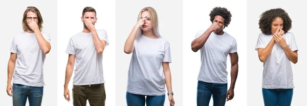 Colagem Grupo Jovens Vestindo Camiseta Branca Sobre Fundo Isolado Cheirando — Fotografia de Stock