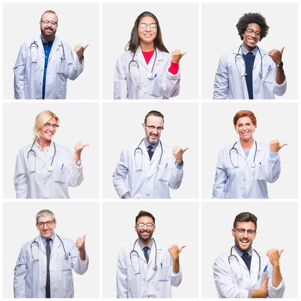 Colagem Grupo Pessoas Médicas Usando Estetoscópio Sobre Fundo Isolado Sorrindo — Fotografia de Stock