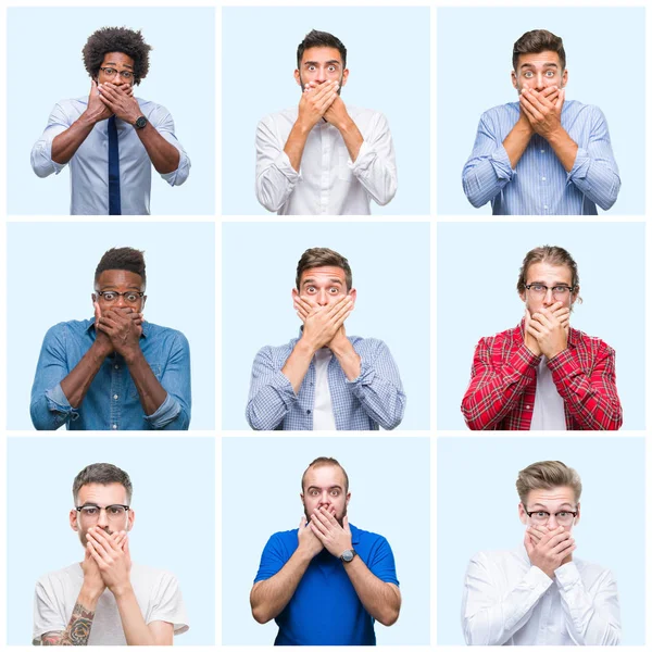 Collage Group Business Casual Men Isolated Background Shocked Covering Mouth — Stock Photo, Image
