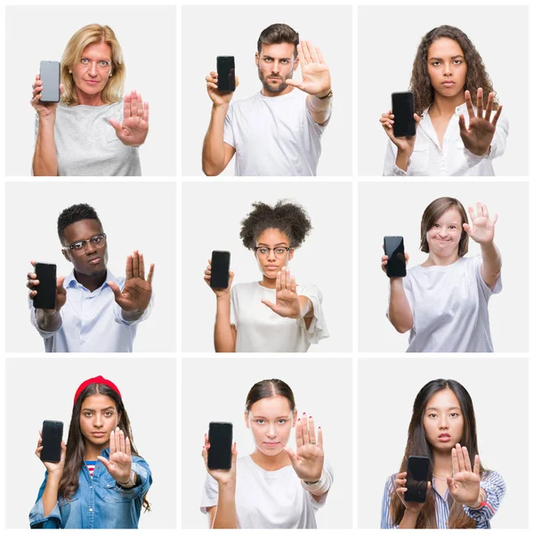 Collage Grupo Jóvenes Mostrando Pantalla Del Teléfono Inteligente Sobre Fondo —  Fotos de Stock