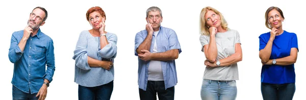 Collage Group Middle Age Senior People Isolated Background Hand Chin — Stock Photo, Image