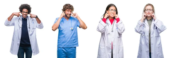 Collage Grupo Médicos Enfermeras Cirujanos Sobre Fondo Aislado Cubriendo Oídos —  Fotos de Stock