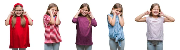 Колаж Молодої Красивої Маленької Дівчинки Ізольованому Фоні Покриває Вуха Пальцями — стокове фото