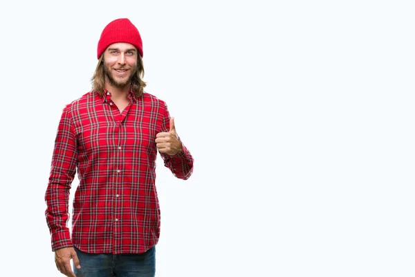 Young Handsome Man Long Hair Wearing Red Cap Isolated Background — Stock Photo, Image