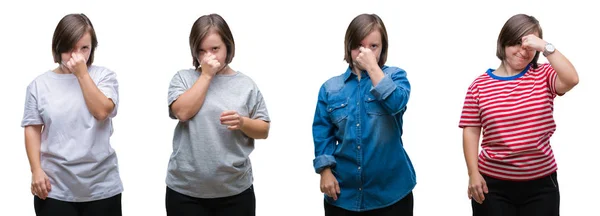 Collage Ner Sydrome Kvinna Över Isolerade Bakgrund Trött Gnugga Näsan — Stockfoto