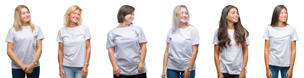 Collage Van Groep Vrouwen Dragen Witte Shirt Geïsoleerde Achtergrond Zoek — Stockfoto