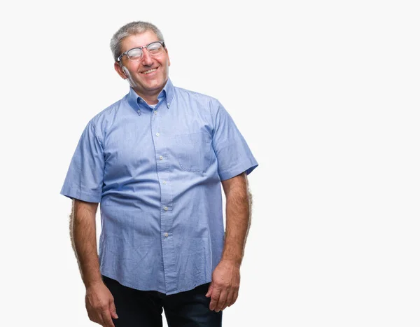 Stilig Senior Man Glasögon Över Isolerade Bakgrund Tittar Bort Till — Stockfoto
