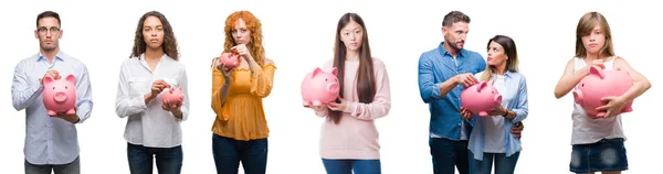 Collage Van Groep Mensen Met Behulp Van Piggy Bank Geïsoleerde — Stockfoto