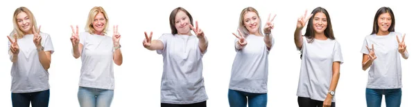 Collage Groupe Femmes Portant Shirt Blanc Sur Fond Isolé Souriant — Photo