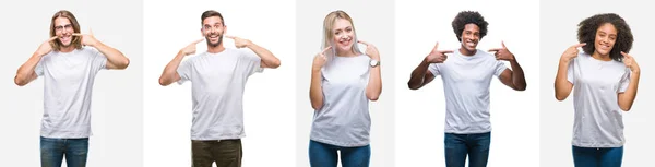 Colagem Grupo Jovens Vestindo Camiseta Branca Sobre Fundo Isolado Sorrindo — Fotografia de Stock