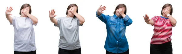 Collage Einer Frau Mit Syndrom Vor Isoliertem Hintergrund Die Die — Stockfoto