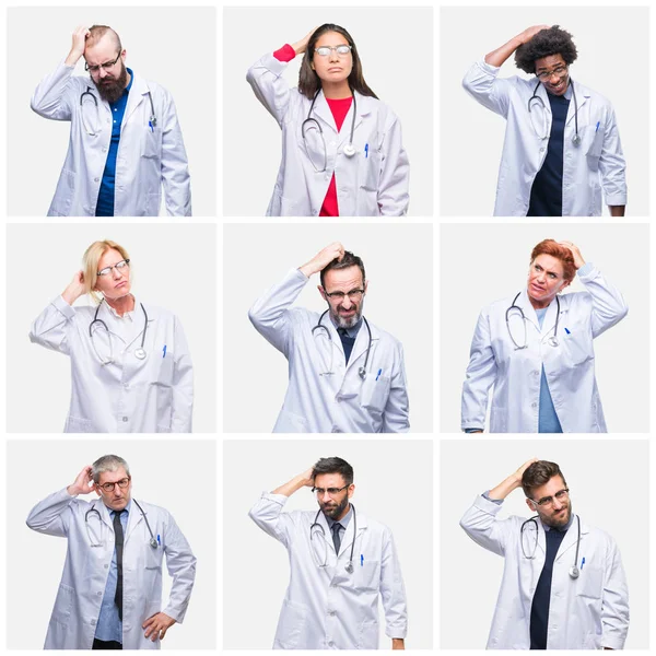 Colagem Grupo Médicos Que Usam Estetoscópio Sobre Fundo Isolado Confundem — Fotografia de Stock