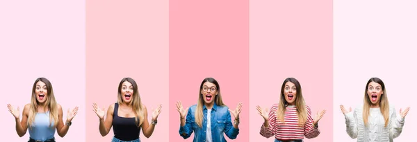 Collage Van Jonge Mooie Vrouw Roze Strepen Geïsoleerd Achtergrond Vieren — Stockfoto