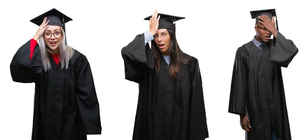 Collage Gruppo Giovani Studenti Che Indossano Uniforme Universitaria Laureato Sfondo — Foto Stock