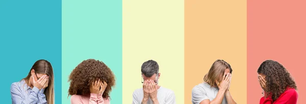 Collage Group Young People Colorful Vintage Isolated Background Sad Expression — Stock Photo, Image