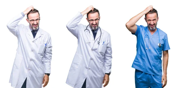 Collage Hombre Apuesto Médico Alzado Superior Con Uniforme Cirujano Sobre — Foto de Stock