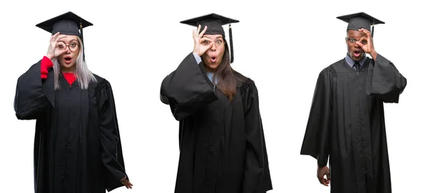 Collage Grupo Jóvenes Estudiantes Con Uniforme Graduado Universidad Sobre Fondo — Foto de Stock