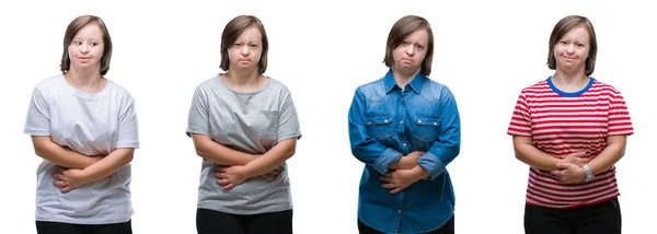 Collage Mujer Síndrome Sobre Fondo Aislado Con Mano Estómago Porque —  Fotos de Stock