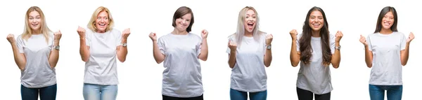 Collage Grupo Mujeres Con Camiseta Blanca Sobre Fondo Aislado Celebrando — Foto de Stock