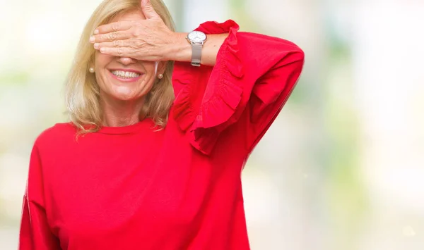 Mujer Rubia Mediana Edad Sobre Fondo Aislado Sonriendo Riendo Con — Foto de Stock