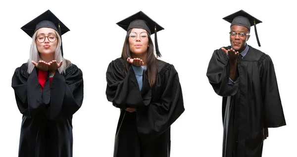 Collage Groupe Jeunes Étudiants Portant Uniforme Universitaire Diplômé Sur Fond — Photo