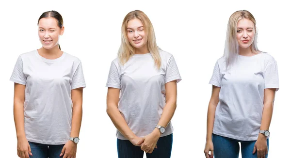 Colagem Grupo Jovens Mulheres Vestindo Camiseta Branca Sobre Fundo Isolado — Fotografia de Stock