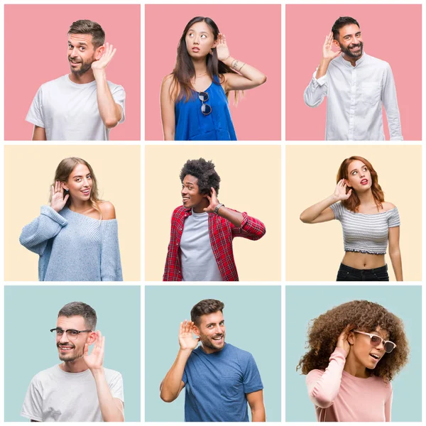 Collage of group of young people woman and men over colorful isolated background smiling with hand over ear listening an hearing to rumor or gossip. Deafness concept.