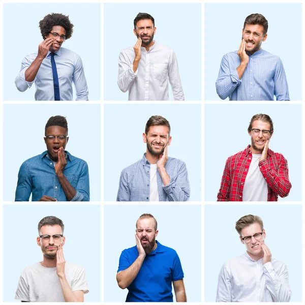 Collage Van Groep Business Casual Mannen Geïsoleerde Achtergrond Mond Met — Stockfoto