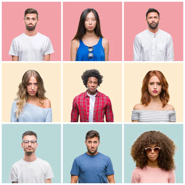 Kolaż Grupy Młodych Ludzi Kobiety Mężczyzn Powyżej Kolorowy Białym Tle — Zdjęcie stockowe