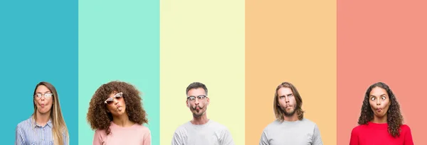 Collage Grupp Ungdomar Över Färgglada Vintage Isolerade Bakgrund Gör Fisk — Stockfoto