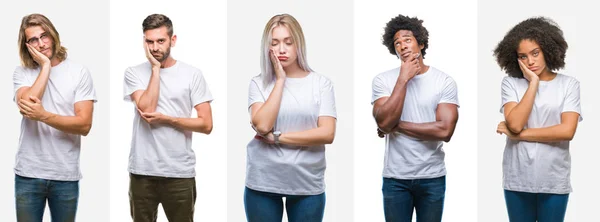 Collage Group Young People Wearing White Shirt Isolated Background Thinking — Stock Photo, Image