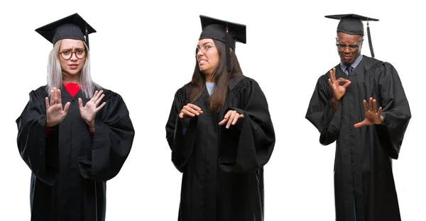 Colagem Grupo Jovens Estudantes Vestindo Uniforme Universitário Formou Sobre Fundo — Fotografia de Stock