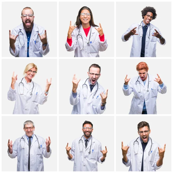 Colagem Grupo Médicos Usando Estetoscópio Sobre Fundo Isolado Gritando Com — Fotografia de Stock